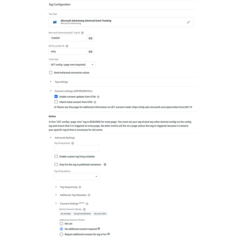 Screenshot of the official Microsoft Advertising UET template setup configured to fire on all pages before the consent banner