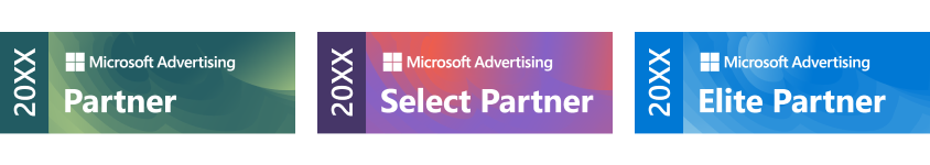 Three rectangular badges display Microsoft Advertising Partner Program partnership levels: Partner, Select Partner, and Elite Partner. Each badge features a distinct gradient background color—green for Partner, purple for Select Partner, and blue for Elite Partner—with "20XX" and Microsoft Advertising logo on the left side.