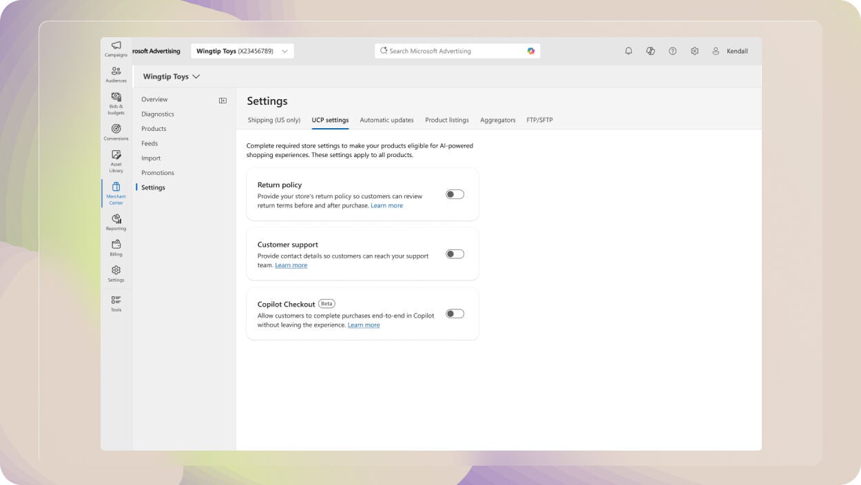 Microsoft Merchant Center UI showing UCP settings for return policy, customer service, and Copilot Checkout.