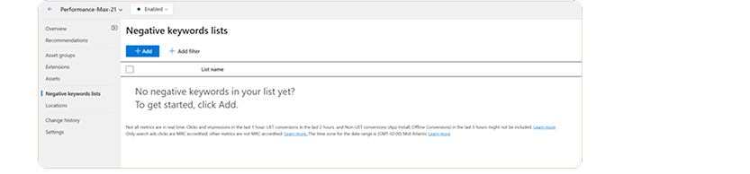 A screenshot of the Microsoft Advertising UI for negative keyword lists