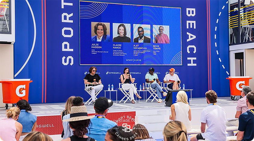 Claire Nance, Head of Global Communication and Industry Marketing, joins panelists at Stagwell Sport Beach in Cannes.