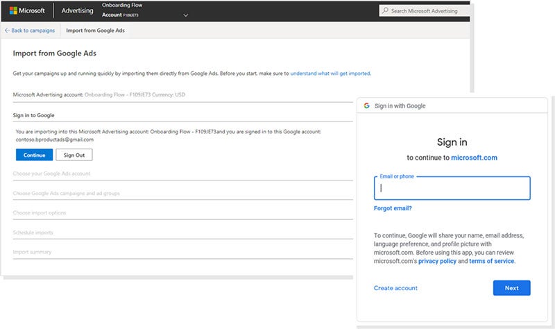 A screenshot of the sign-in screen for importing from Google Ads.