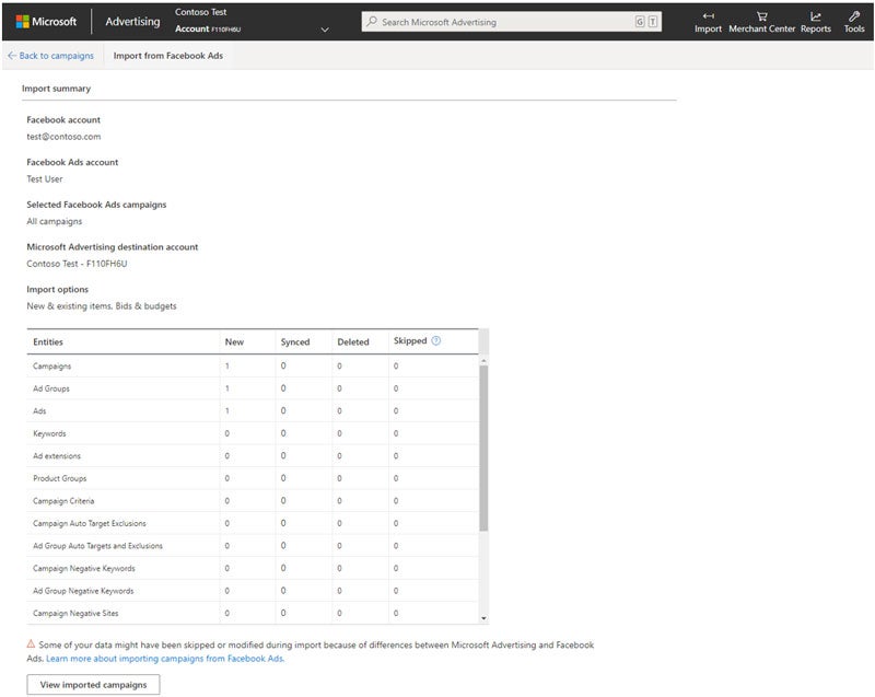 Product view of the Import from Facebook Ads imports summary window.