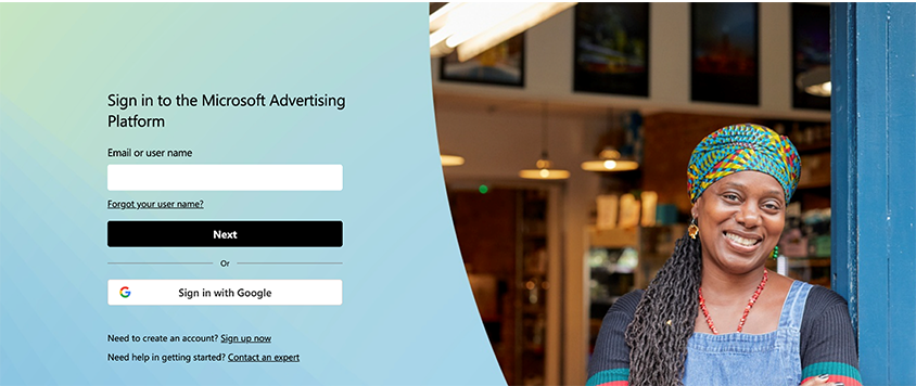 Microsoft Advertising sign-up screen showing the option to get started or log in with a Google account.