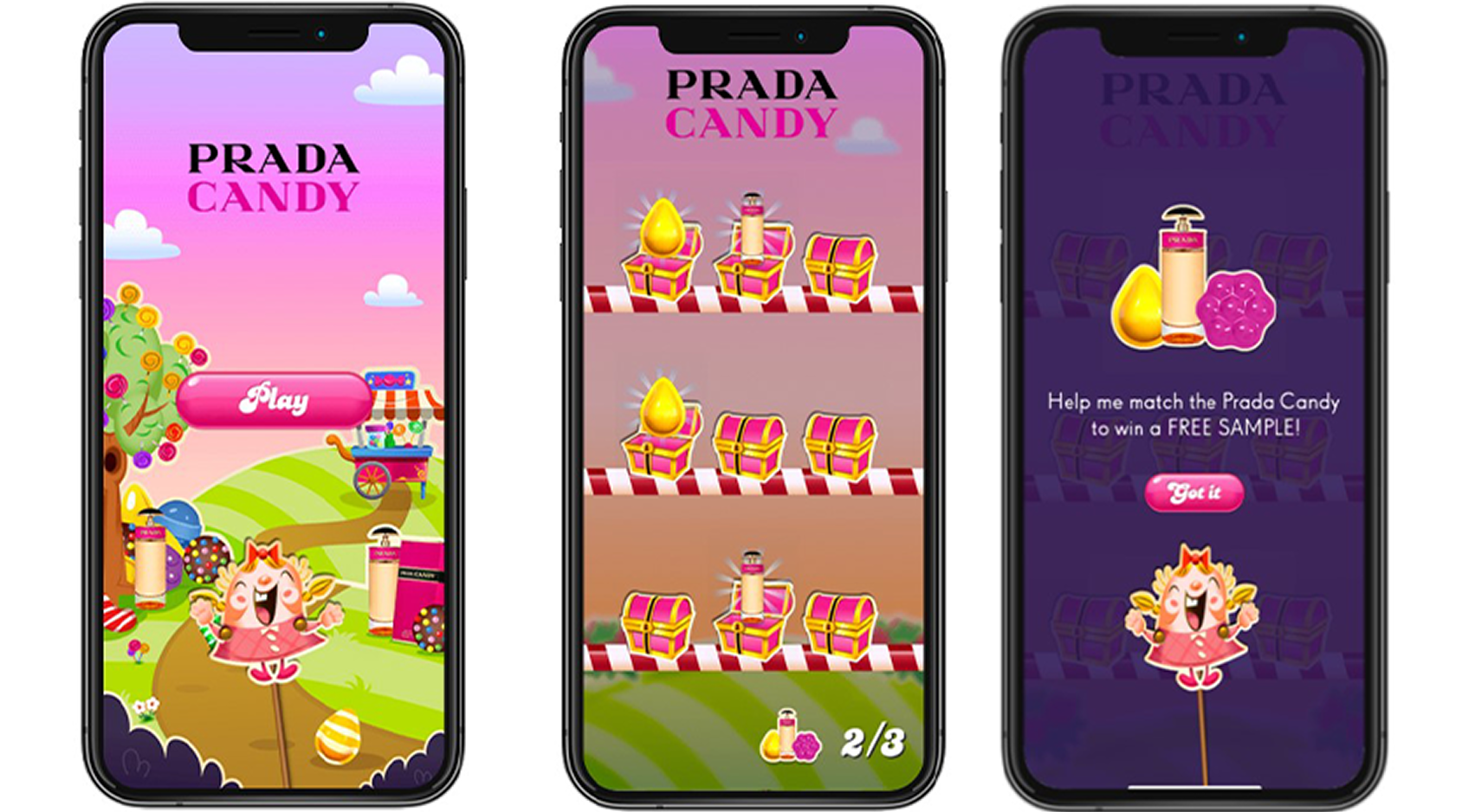 Three mobile screens showing different steps of a Prada Candy branded playable ad experience. 