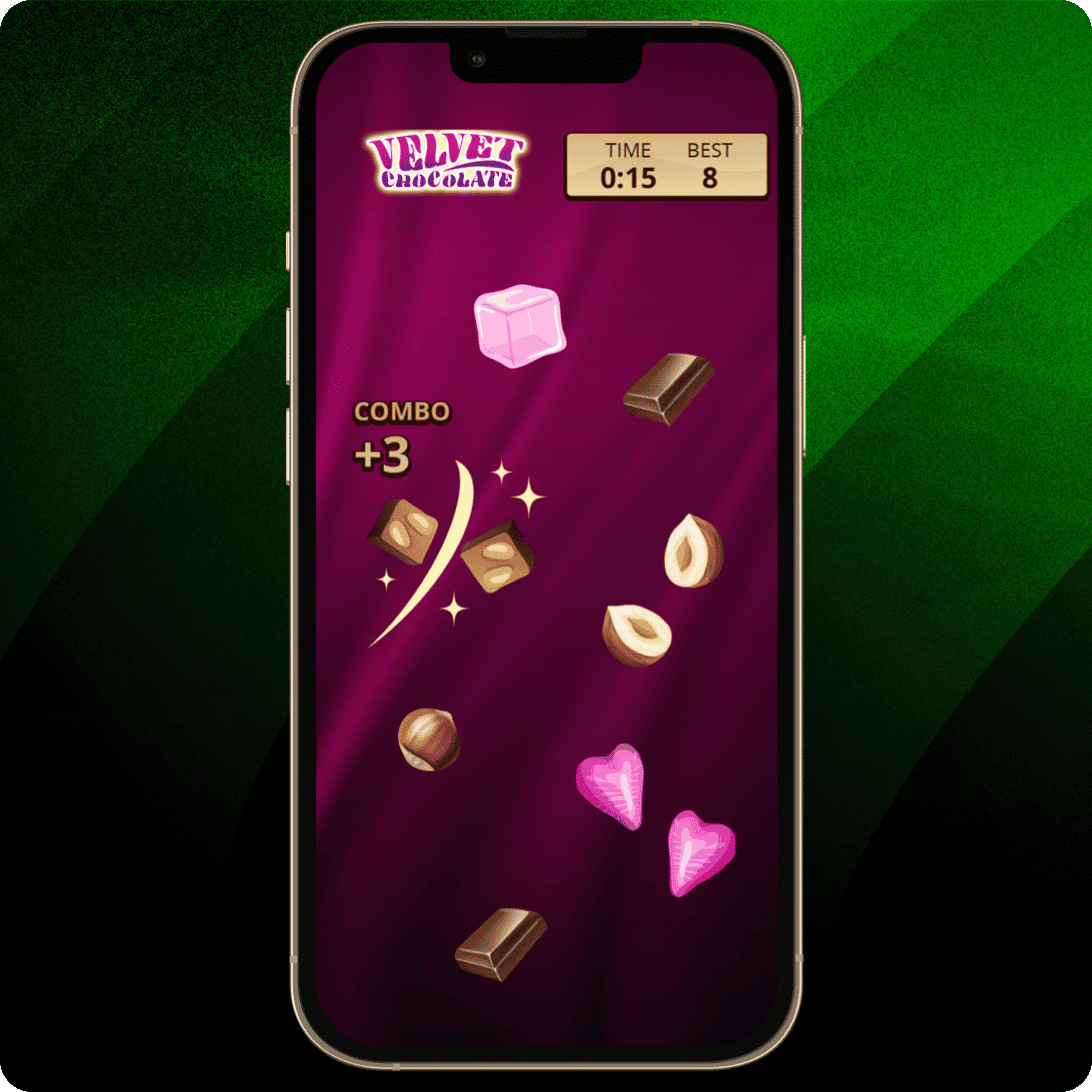 Smartphone displaying a game interface with a deep magenta background, featuring assorted chocolate pieces, nuts, and pink candy hearts scattered across the screen. The top shows the Velvet Chocolate logo, a timer reading 0:15, and a best score of 8, while the left side displays “COMBO +3” with sparkles around sliced chocolates. 