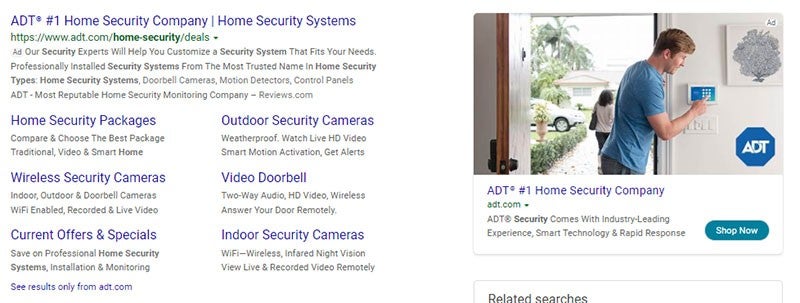 ADT customer Multimedia Ads example on a Microsoft Bing search engine results page.