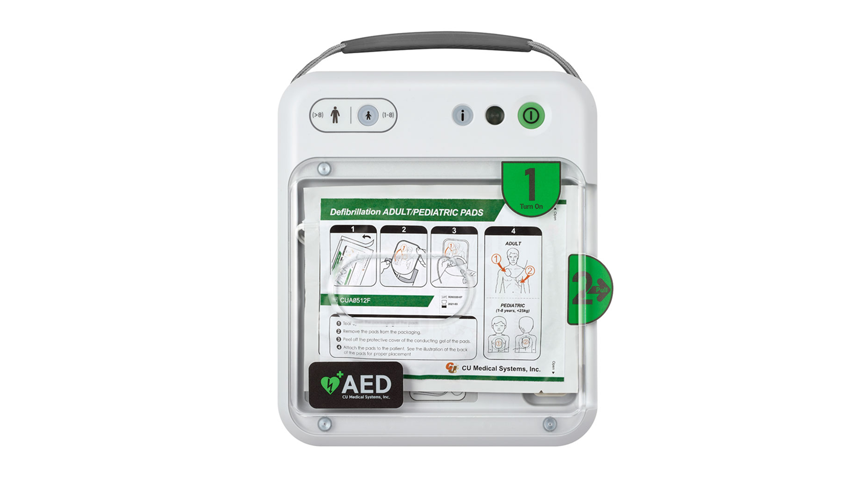 Automated External Defibrillator (AED) device with a gray handle.