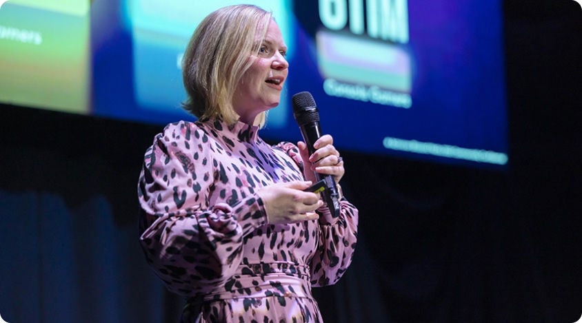 Melinda Spence on stage at IAB UK Gaming Upfronts 2023. Photograph by Ben Stevens.