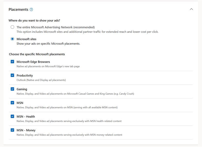 an image of Placement targeting options within Audience ads