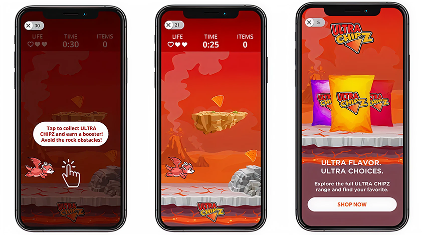 Three smartphone screens showing the Ultra Chipz playable ad sequence from start screen to gameplay to end card.