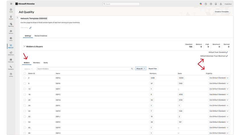 A Microsoft Monetize Ad Quality screen shows a network template with a table of bidders and buyers, including IDs, members, seats, and eligibility settings, alongside controls for trust and ad filtering.