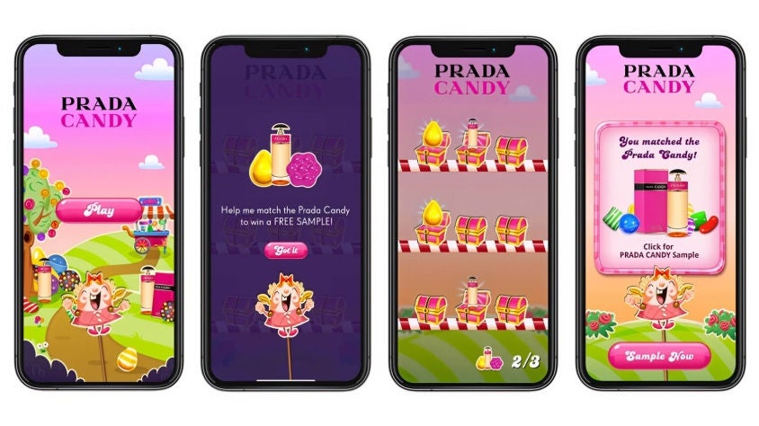 Four smartphones showing stages of a Prada Candy playable ad, including intro, instructions, gameplay, and reward