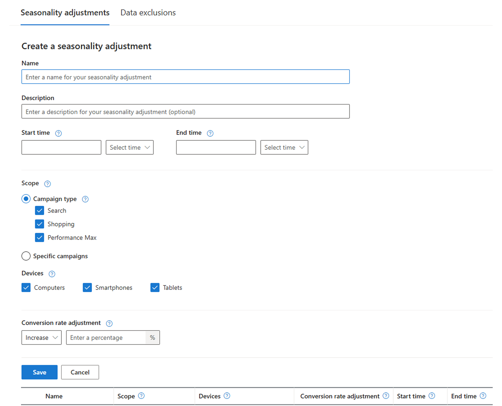 A screenshot of the seasonality adjustment page