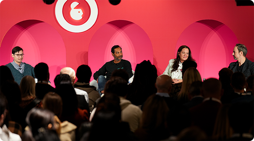 Jonathan Stringfield (Activision Blizzard Media now Microsoft Advertising) on stage with fellow panelists Alexander Lee (Digiday), Indy Khabra (Livewire), Kim Thompson (Spark Foundry).