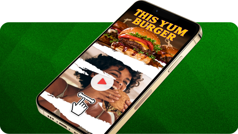 Smartphone displaying a food-themed ad with the headline “THIS YUM BURGER” at the top, featuring a large burger image and a scratch-to-reveal interaction area with a hand icon, set against a green striped background. 