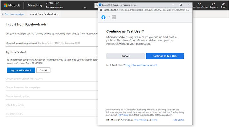 Product view of the Import from Facebook Ads sign-in window.