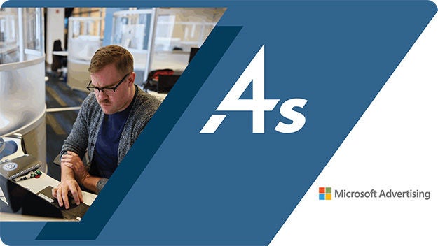 A person working on a laptop at a desk, with "4As" company logo and Microsoft Advertising logo displayed on a blue geometric background.