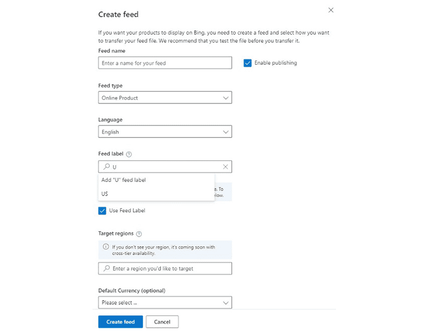 Paramètres de flux d'étiquettes dans Microsoft Advertising.