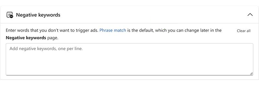 Negative keywords panel showing a text box to add keywords, one per line, and a clear all option.