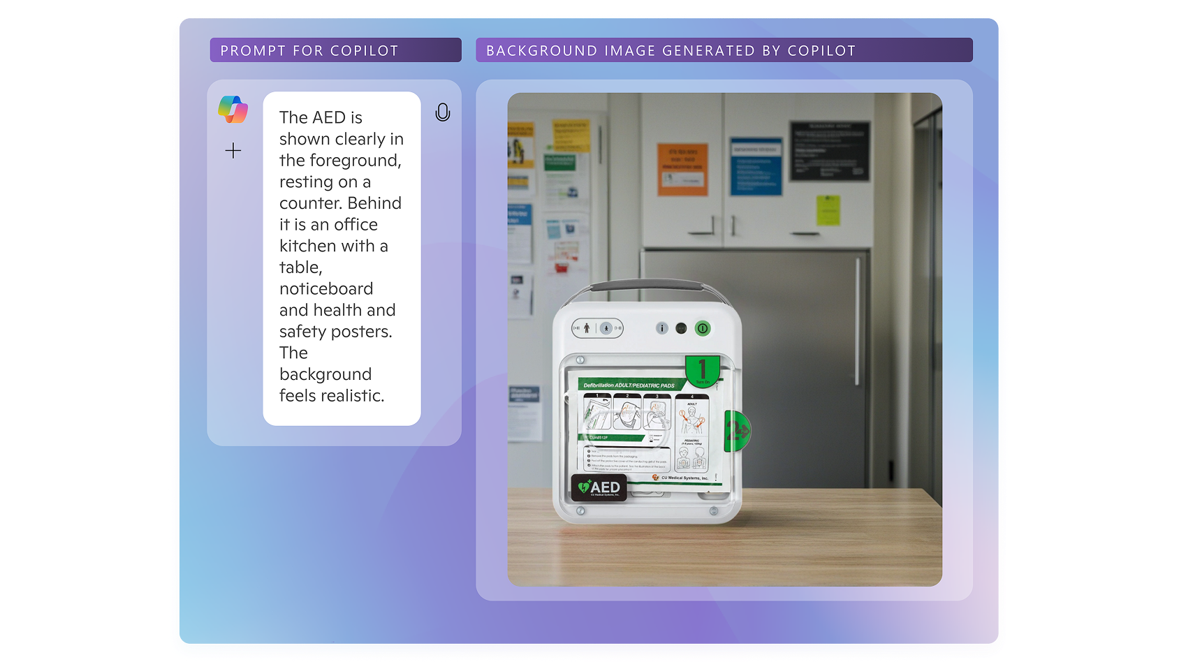 Automated External Defibrillator (AED) resting on a counter in front of an office kitchen area, with a table, noticeboard, and health and safety posters visible in the background.