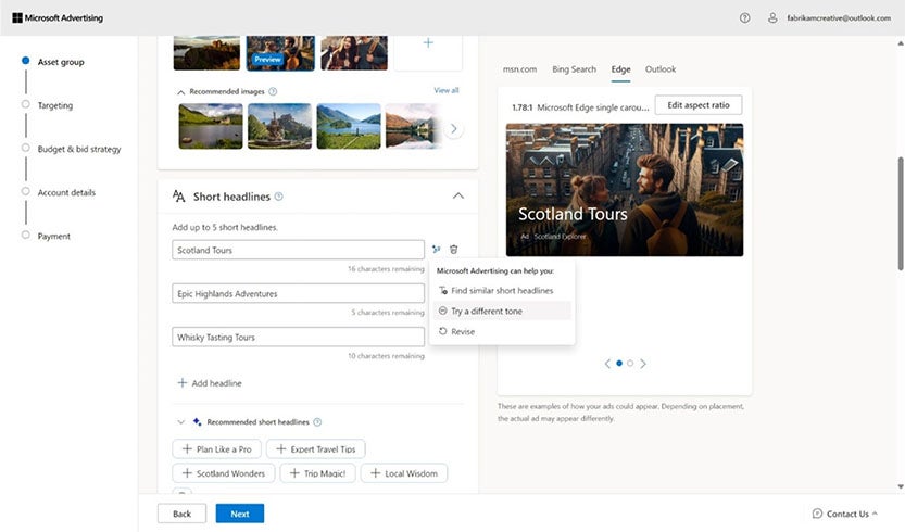 Image de l'interface de création de ressources de la plateforme Microsoft Advertising.