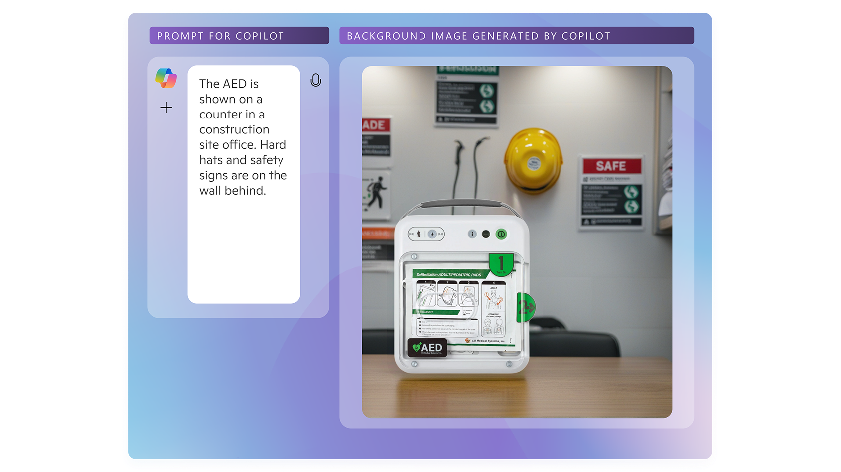 Automated External Defibrillator (AED) placed on a counter in a construction site office, with hard hats and safety signs visible on the wall behind it.