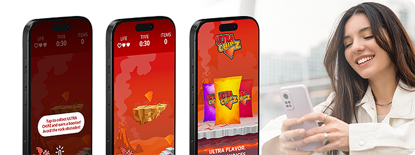Three smartphone screens showing an Ultra Chipz playable ad next to a woman smiling at her smartphone.
