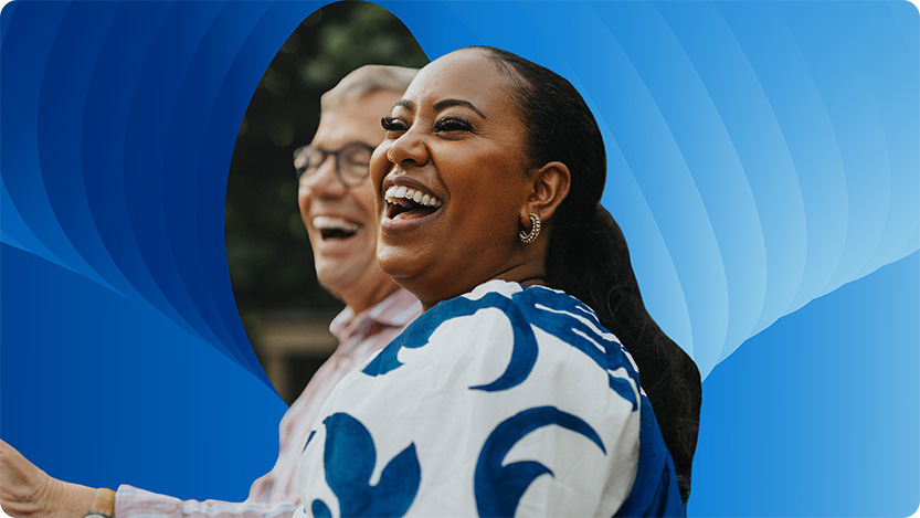 Smiling people enjoying a festive moment, set against a vibrant blue background.