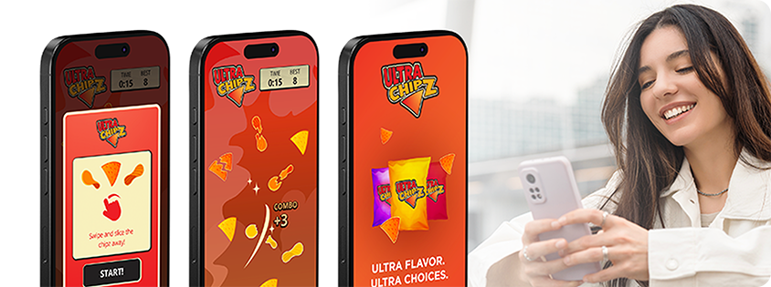 Three smartphone screens showing an Ultra Chipz playable ad next to a woman smiling at her phone