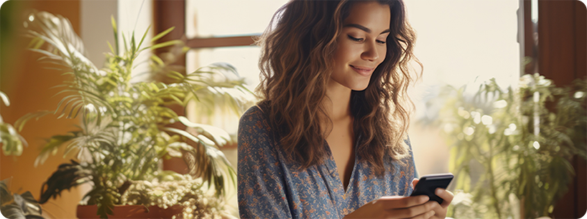 Woman sitting in a sunlit room smiling as she looks at her phone.