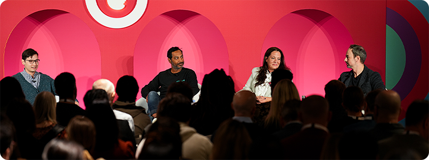 Jonathan Stringfield (Activision Blizzard Media now Microsoft Advertising) on stage with fellow panelists Alexander Lee (Digiday), Indy Khabra (Livewire), Kim Thompson (Spark Foundry).