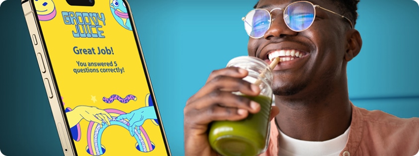 Smartphone screen showing a colorful quiz result next to a smiling person drinking a smoothie.